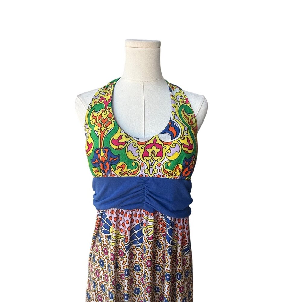 Mon Amie Boho Babydoll Halter Maxi Dress Size L Patchwork Art To Wear Artsy - Picture 2 of 10